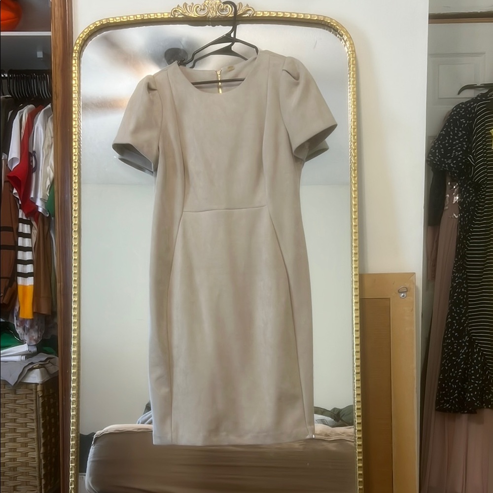 Calvin Klein Tan Midi Sheath Dress with Puff Sleeves